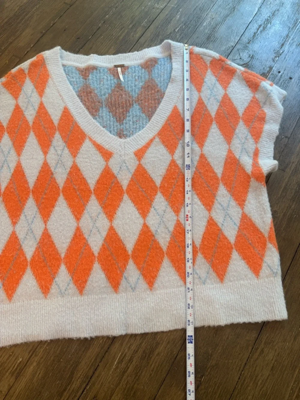 Free People Large Argyle Sweater Vest V-Neck Oversized Fuzzy Knit Orange Gray